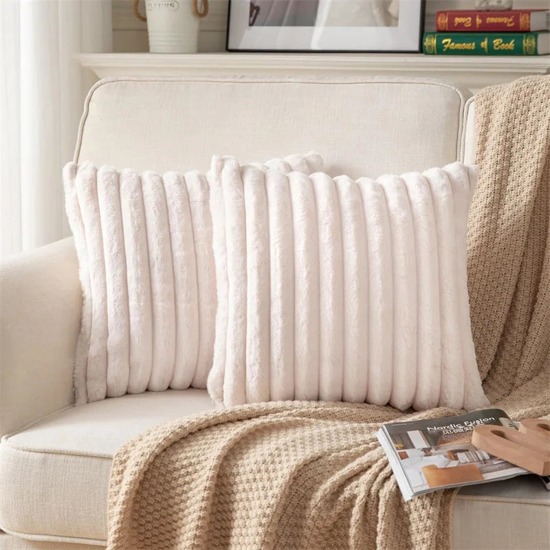 coussins décoratifs carrés rayés peluche douce moderne gris blanc cassé 45x45cm