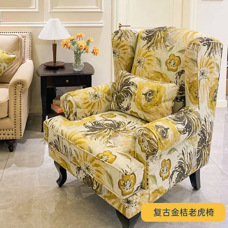 fauteuil classique bleu damassé coussin tissu composite bois sponge chambre salon minimaliste moderne