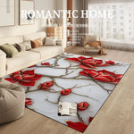 Un somptueux tapis floral rouge et gris orne le sol d'un intérieur élégant et confortable, créant une atmosphère romantique et chaleureuse.