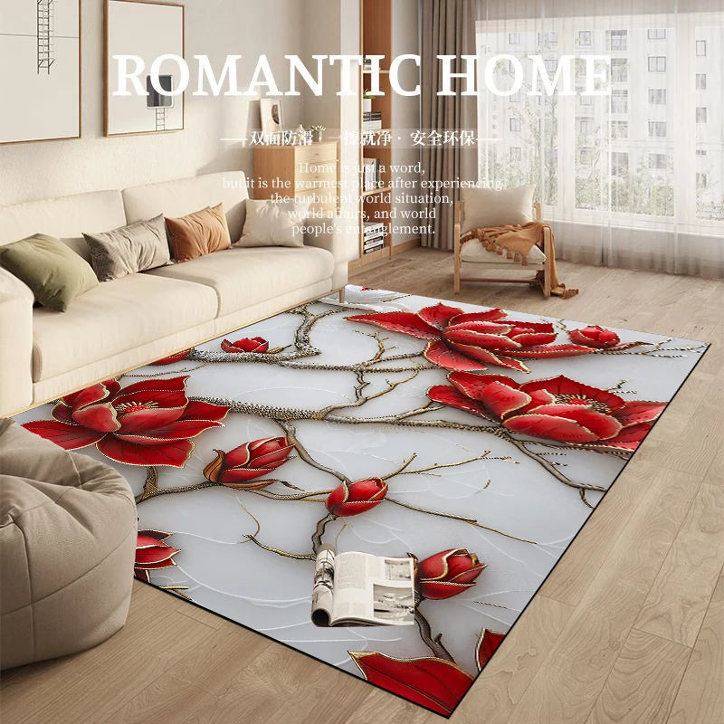 Un somptueux tapis floral rouge et gris orne le sol d'un intérieur élégant et confortable, créant une atmosphère romantique et chaleureuse.