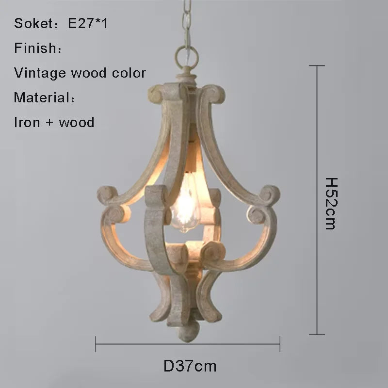 suspension lumineuse bois ornements sculptés finition rustique classique vintage blanc beige salle manger restaurant