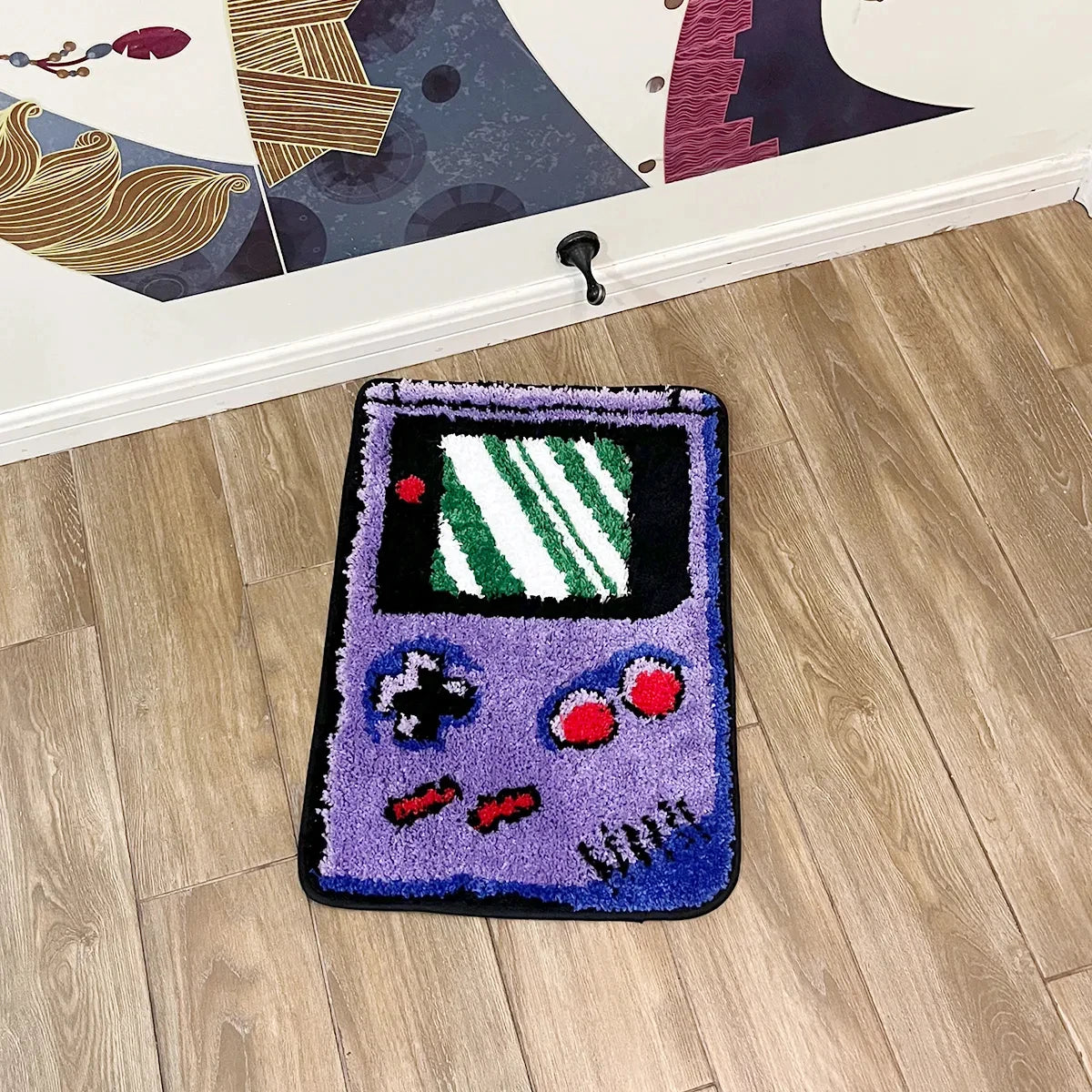 tapis géométrique rétro console jeux violet noir blanc vert rouge bleu imperméable antidérapantversibleextérieur