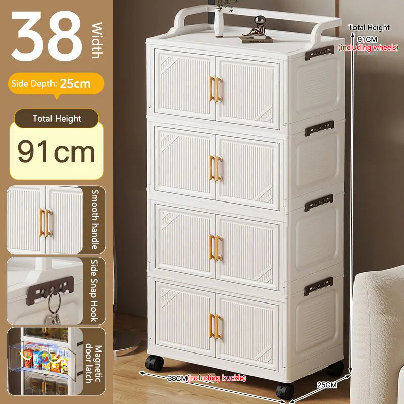 meuble rangement pliable blanc roulettes portes poignées dorées vêtements
