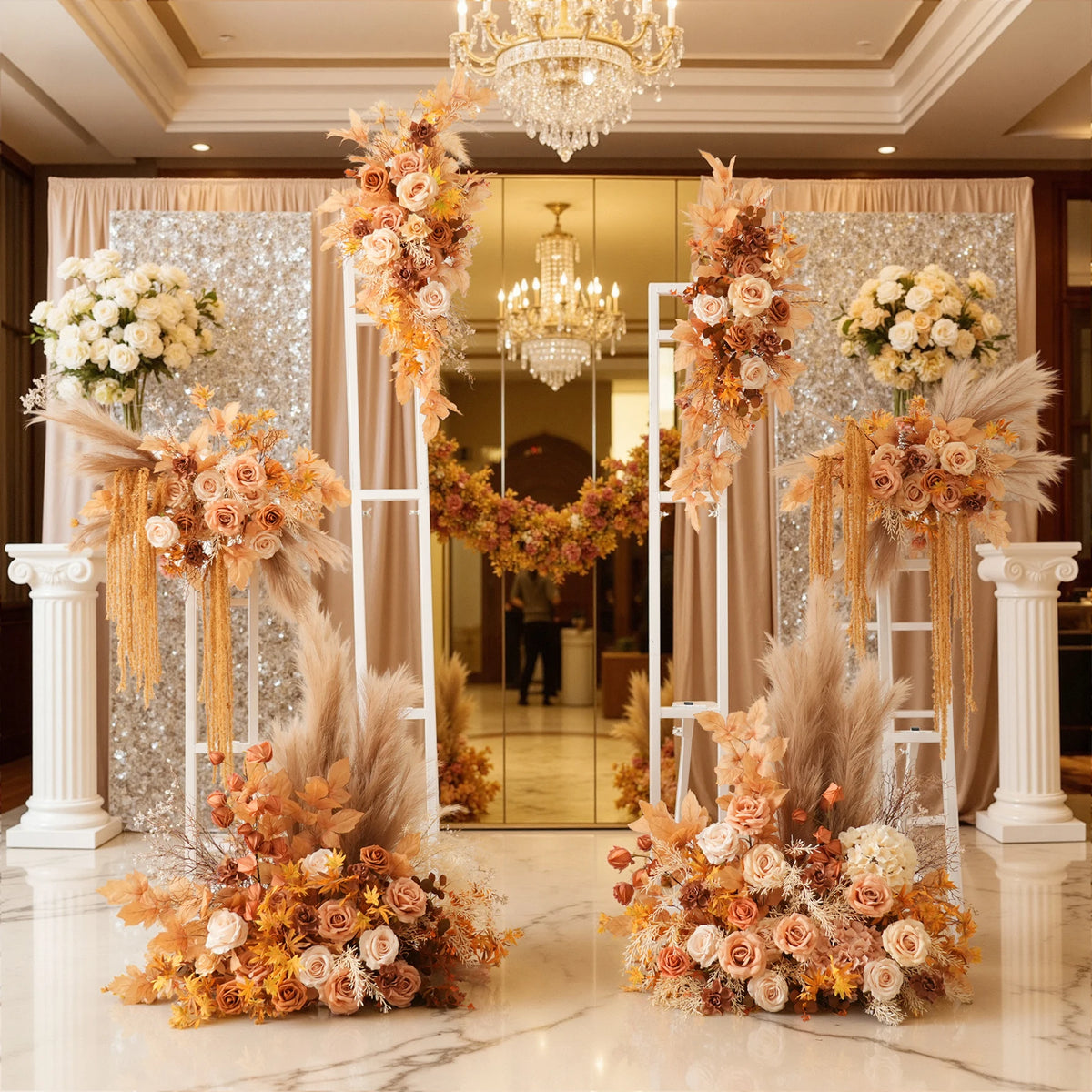 arche décorative mariage anniversaire fleurs artificielles feuilles épis maïs tissu translucide classique romantique