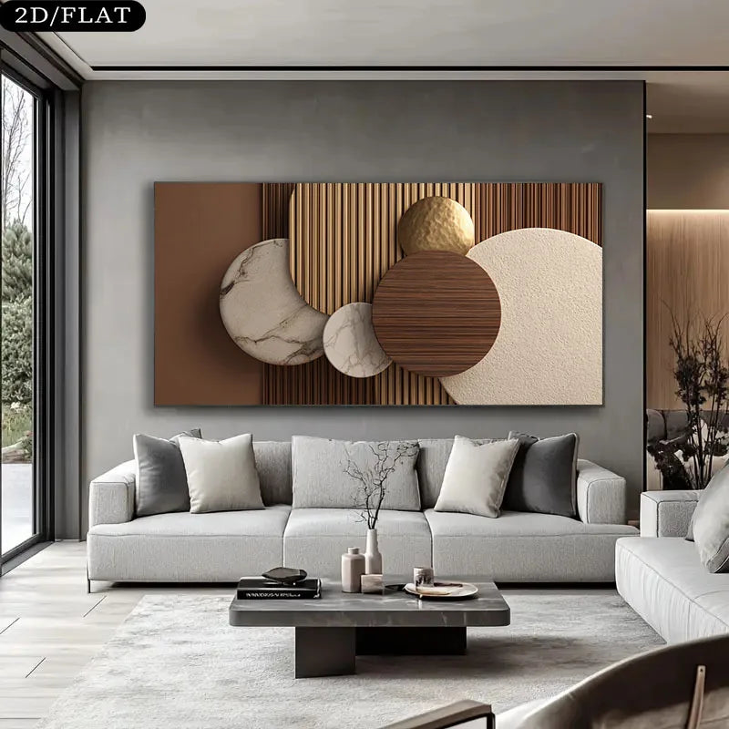 tableau decoratif moderne abstrait forme geometrique toile couleur marron beige doré decoration murale horizontal
