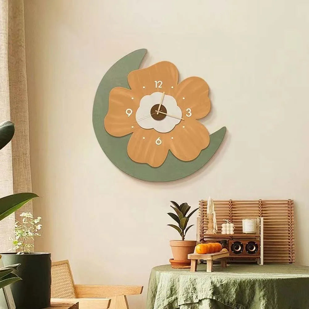 horloge murale fleur rose vert moderne minimaliste décorative imitation bois