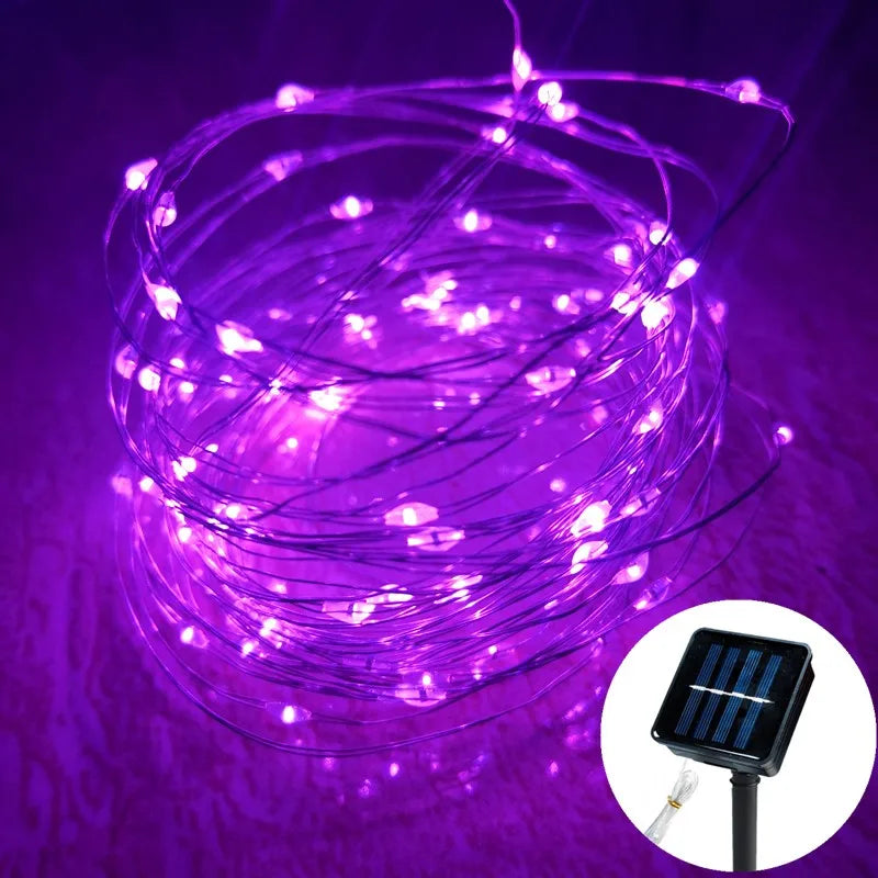 guirlande lumineuse solaire 32m violet fil cuivre led imperméable moderne décoration extérieure patio noël
