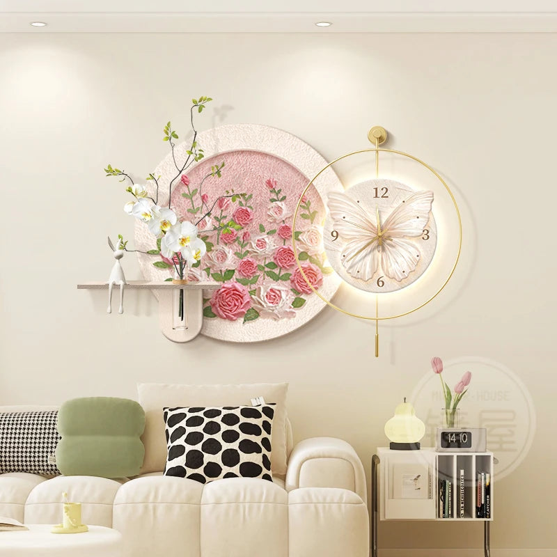 horloge murale moderne fleurs papillon rose blanc doré