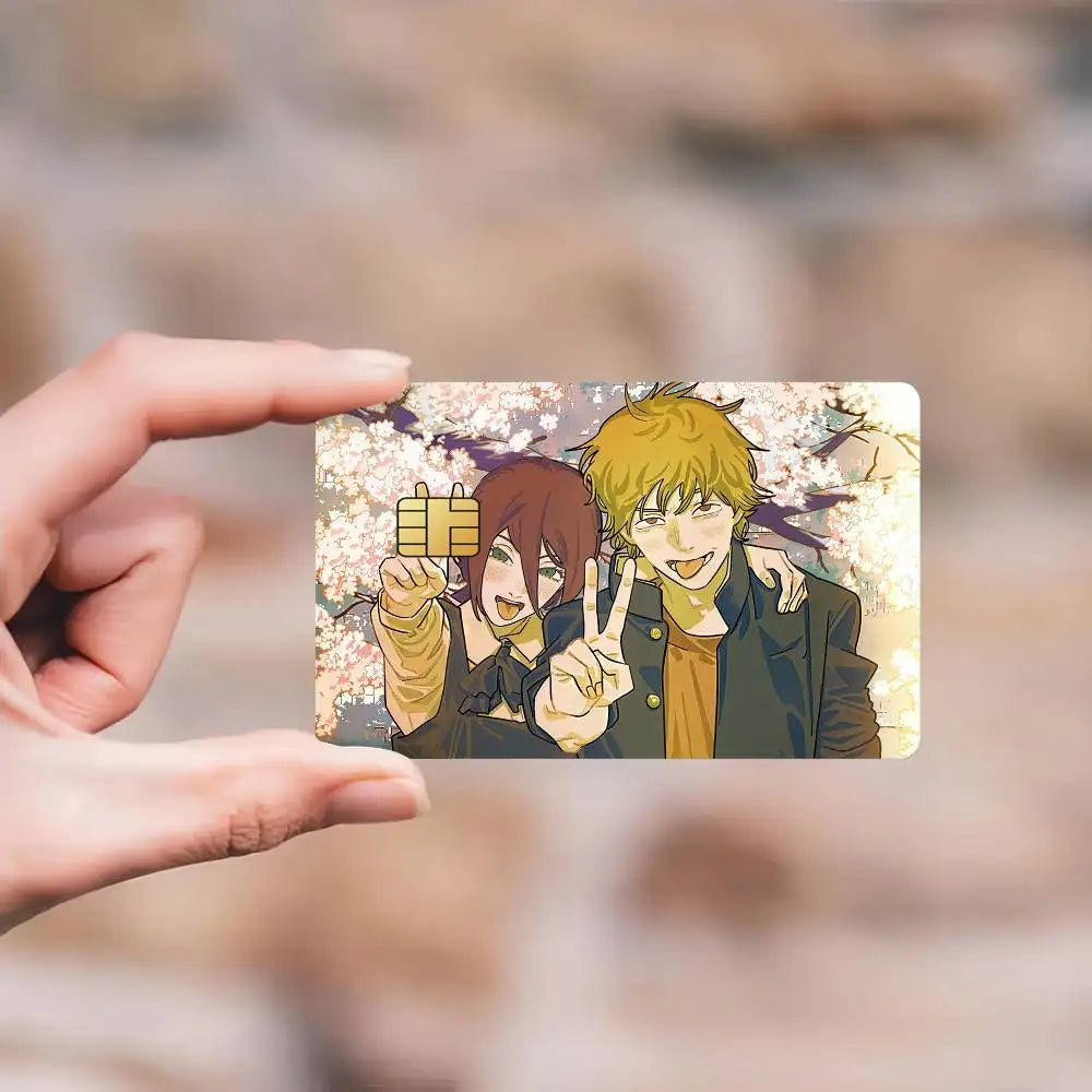 cartes bancaires étanches résistantes adhésives illustration anime personnages fond floral multicolore jaune brun vert