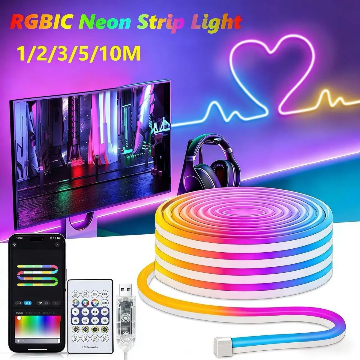 ruban led néon multicolore bluetooth clips fixation application mobile synchronisation musicale décoration moderne lumières