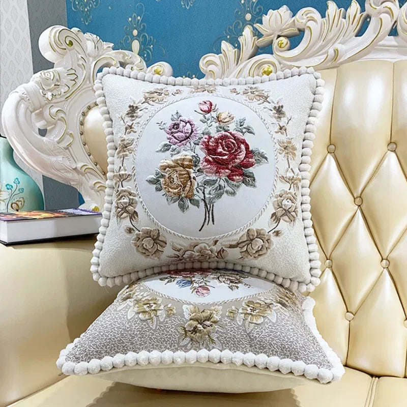 coussin carré brodé fleurs pompons élégant lavable 40x40cm 58x58cm polyester coton