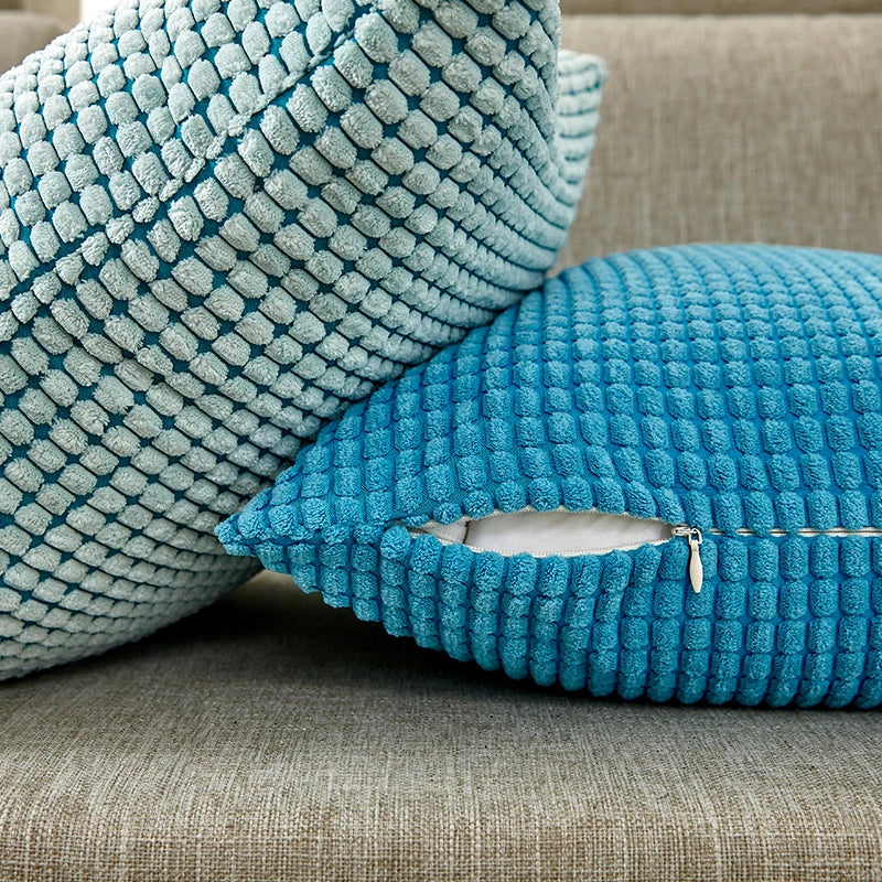 coussin velours côtelé gris orange bleu moderne rayures horizontales 30x50cm machine lavable