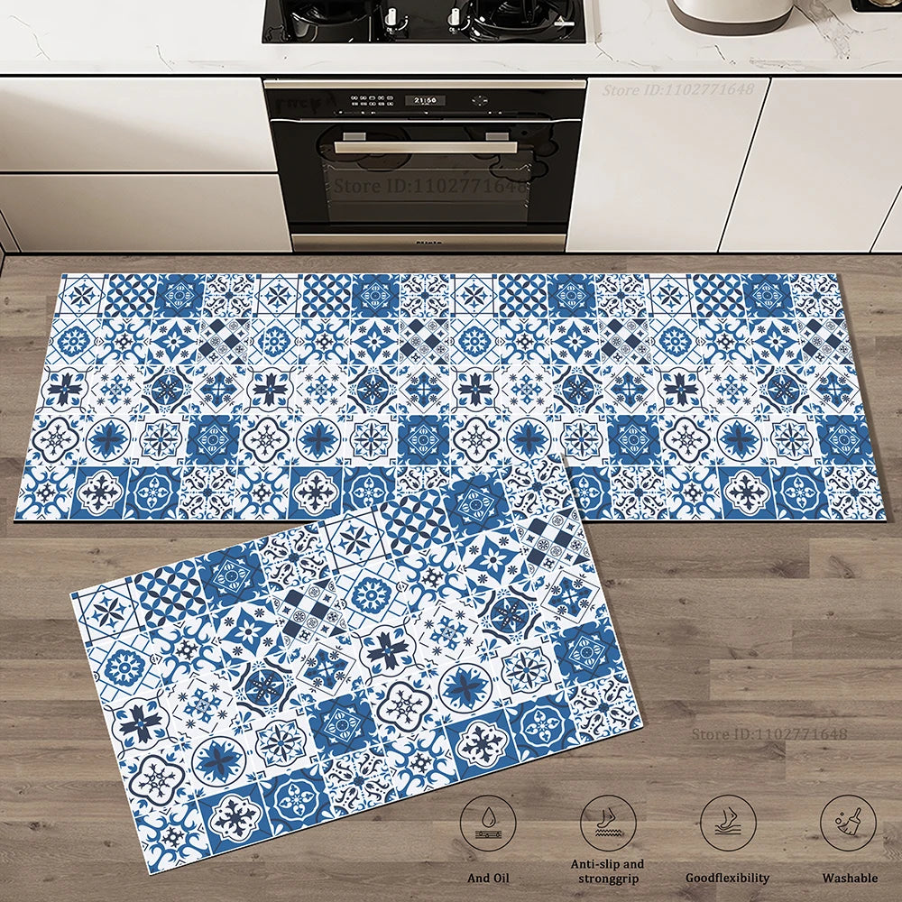 tapis sol antidérapant moderne patchwork bleu blanc beige orange 40x60cm 50x80cm