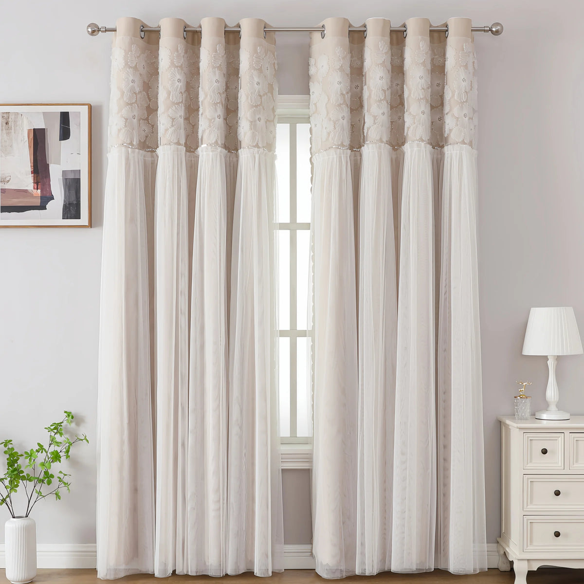 rideau semi transparent polyester broderie florale classique beige clair anneaux extérieure fenêtre plate