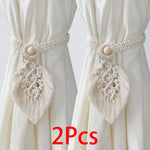 rideau boho blanc rayures verticales macramé bois pompons coton