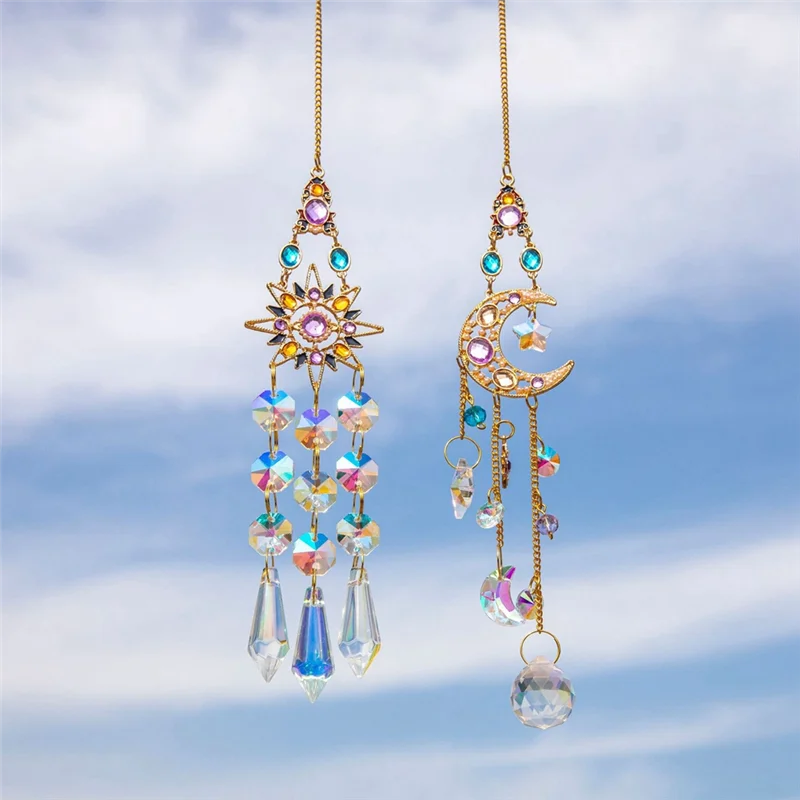 suncatchers décoratifs cristaux irisés or violet bleu orange rose argent étoiles lune bohème fantaisiste