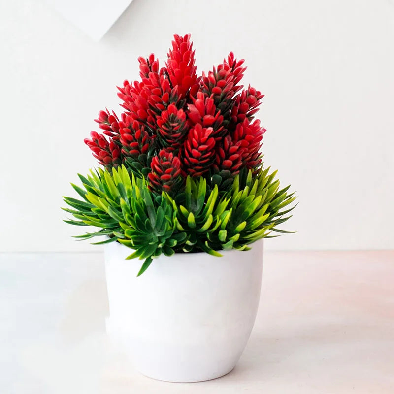 plantes artificielles bonsaï rouge vert rose fleurs simples feuilles fines pot gravier décoration extérieur