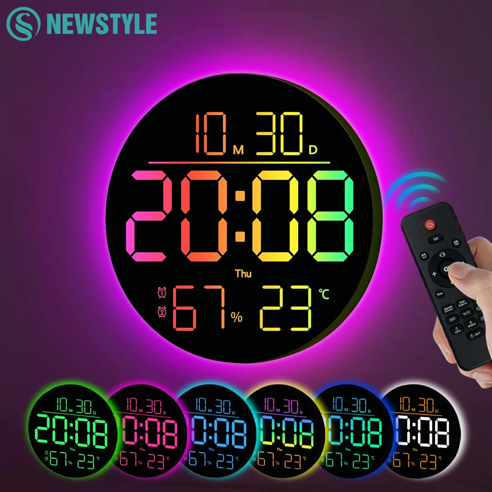 horloge murale numérique affichage led réveil alarme température date heure couleur variable moderne