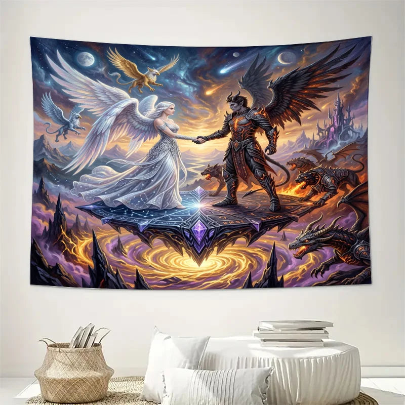 tapisserie fantaisie multicolore dragons anges paysages fantastiques décoration murale moderne grande taille chambre salon
