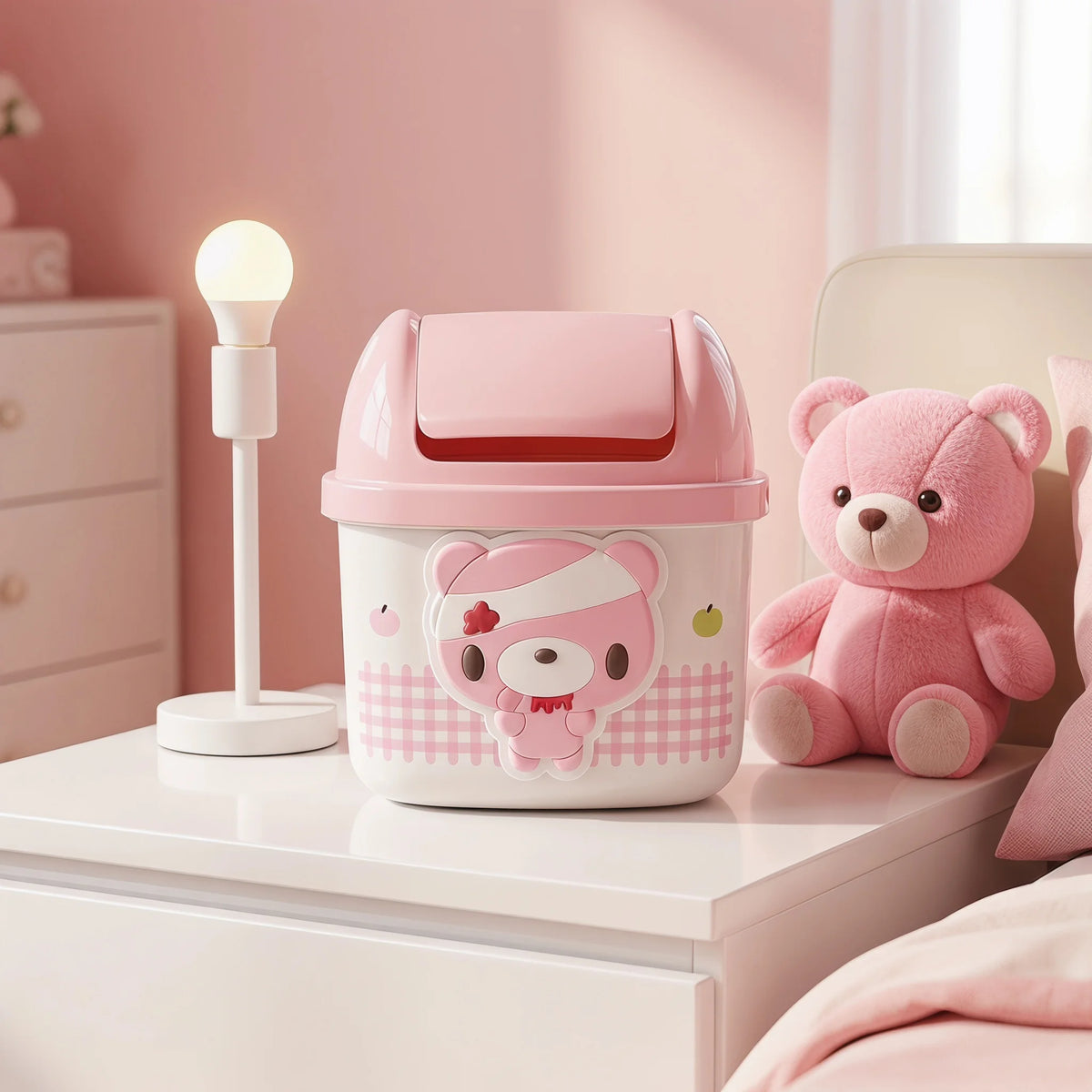 poubelle ours rose carreaux blancs kawaii enfantine couverture rabattable poignée plastique durable motifs colorés