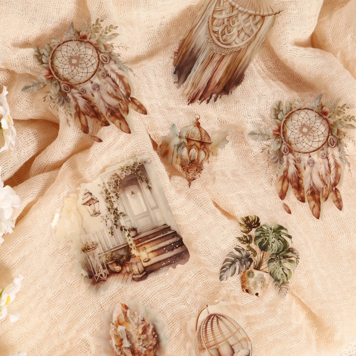autocollants decoratifs boho chic motifs floraux cage oiseaux lanterne attrape reves feuillets opaques beige
