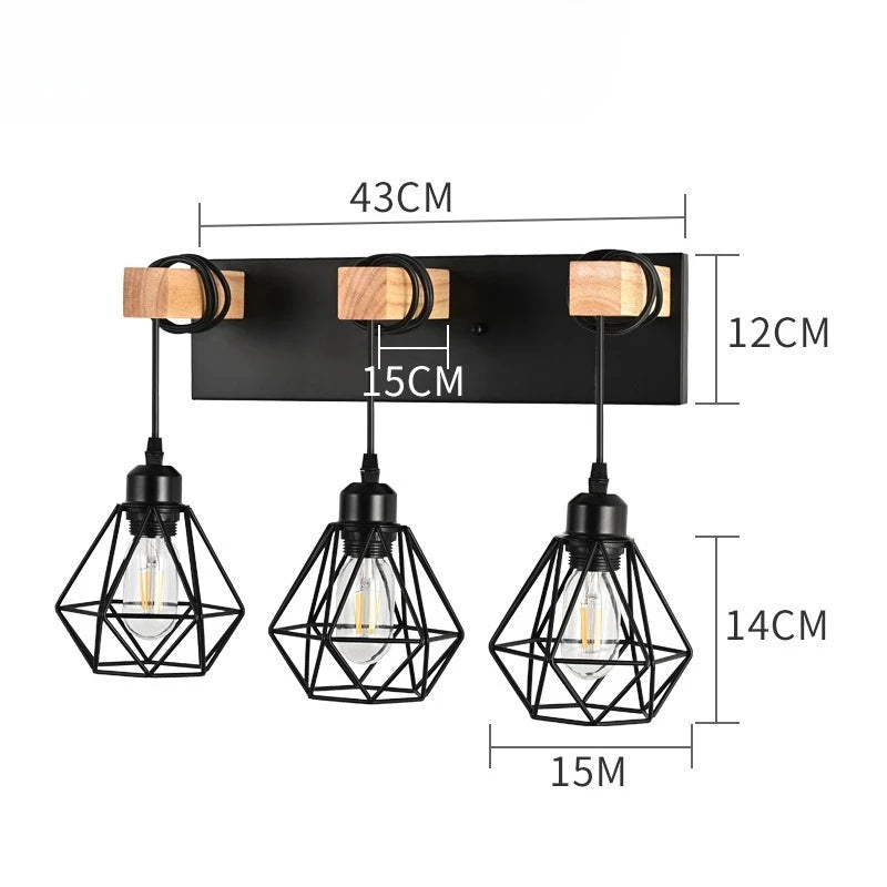 applique murale industrielle triple ampoule noir bois clair vintage mur trois lumières