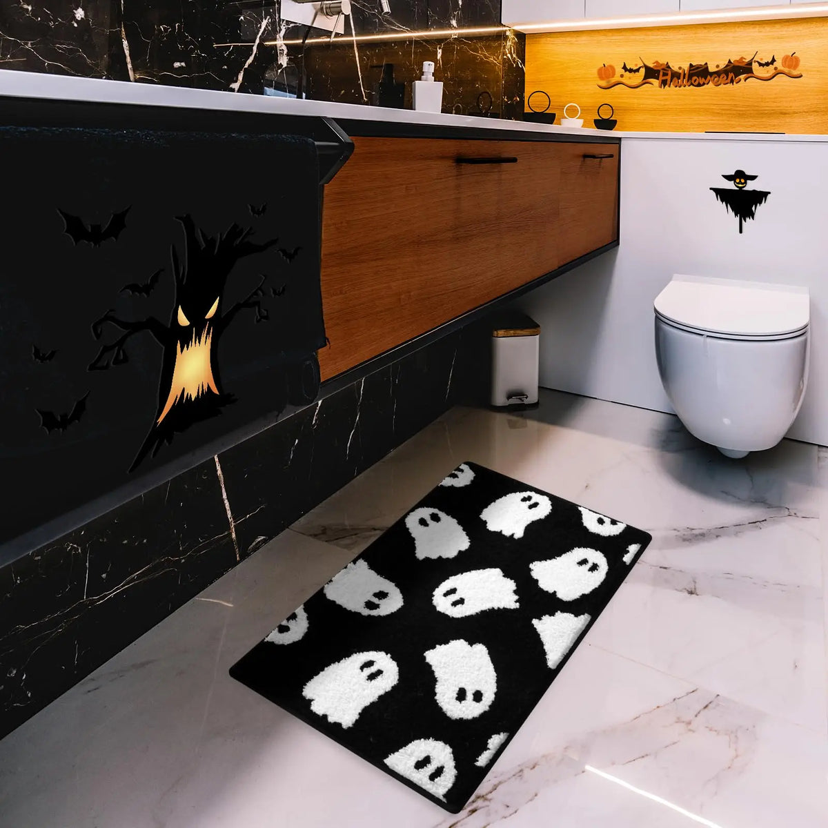 tapis bain halloween fantômes citrouilles chauves souris noir blanc antidérapant résistant absorption