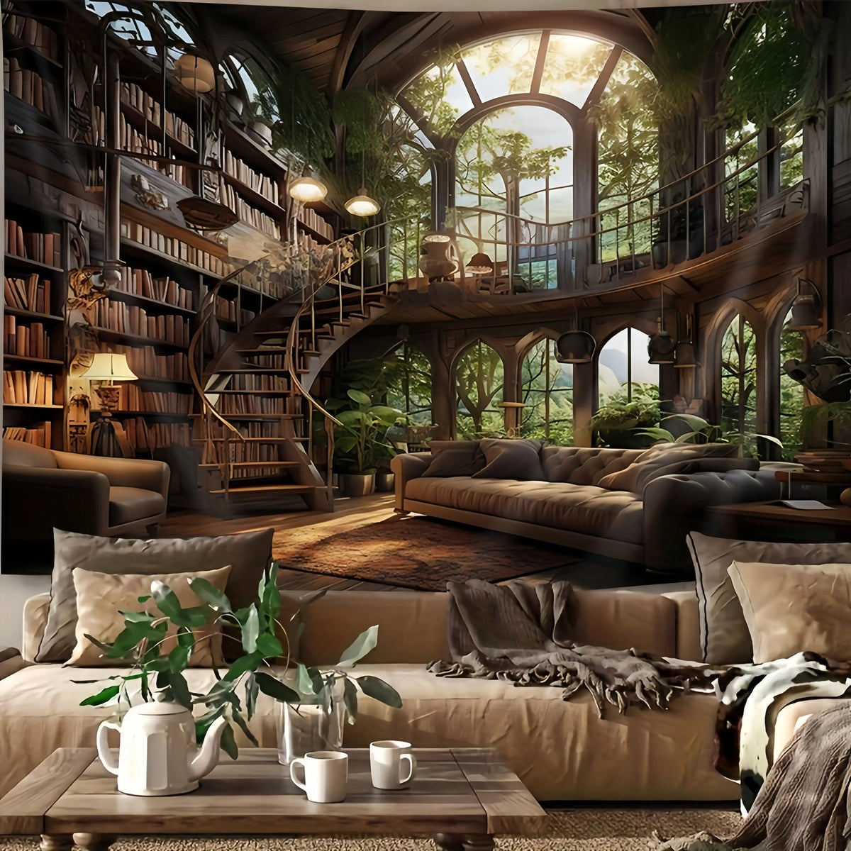 tapisserie vintage multicolore paysage intérieur bibliothèque canapé plante 230x180cm polyester opaque chambre salon decoration