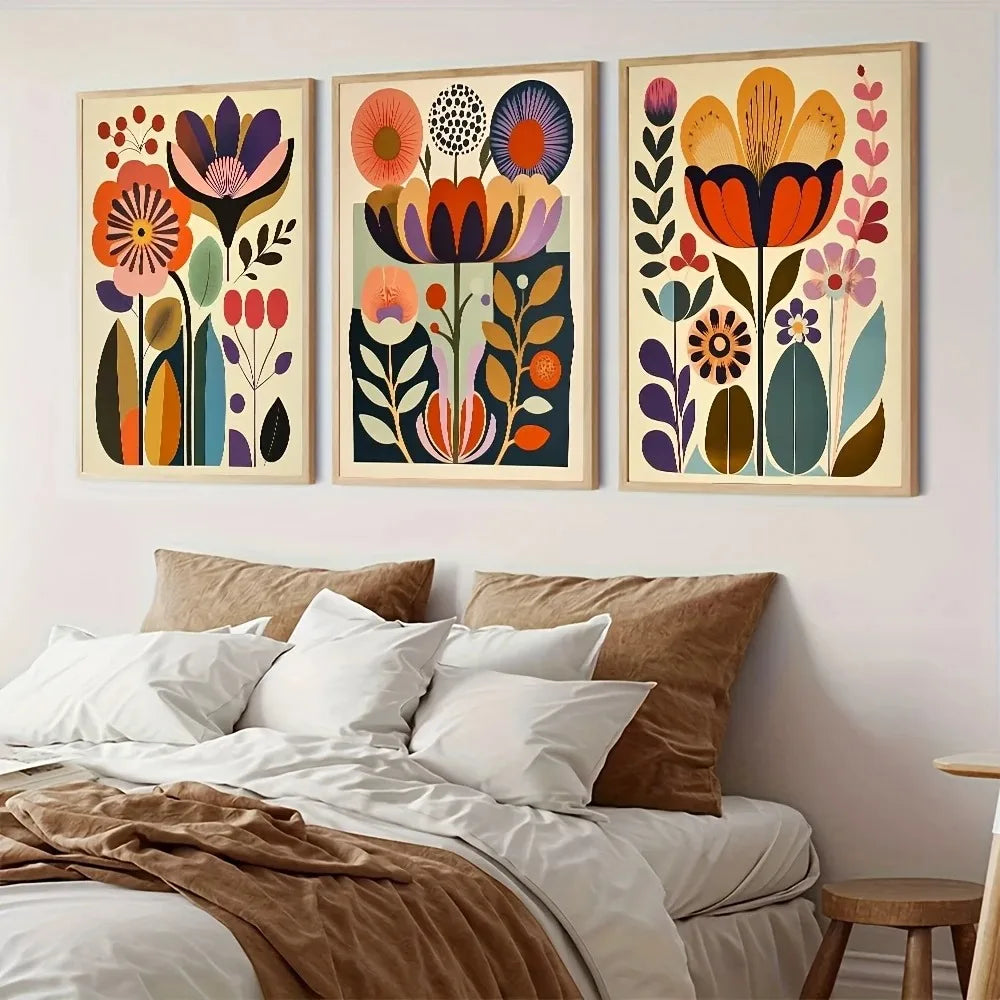 toiles d'art moderne abstraites motifs floraux bohèmes couleur chaleur salon decoration chanteur cadres bois