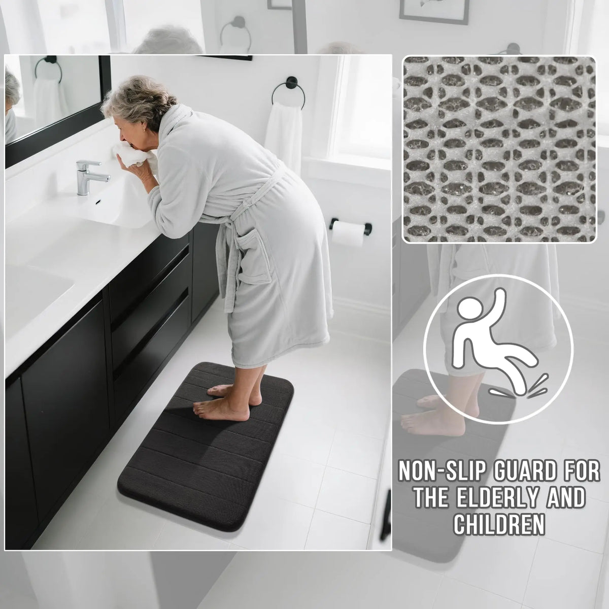 tapis bain mousse rayures beige noir doux moderne salle bain