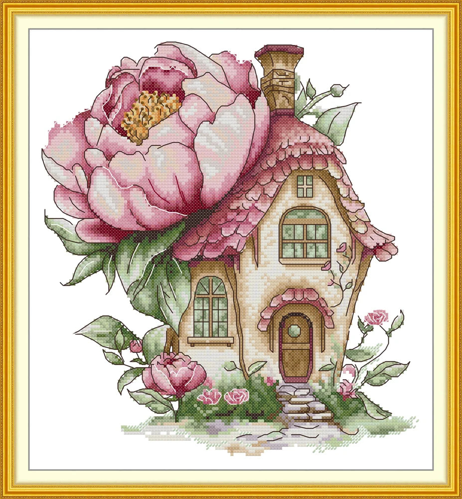 kit broderie scénique fleurs maison arbres fruitiers coton peintures rose blanc bleu vert jaune
