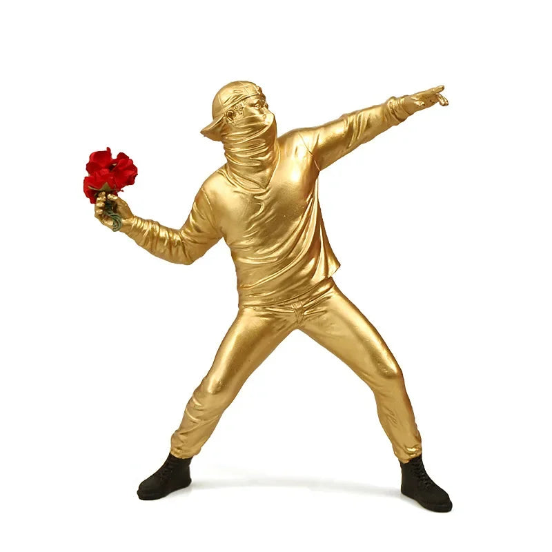 statue moderne banksy lanceur fleurs rouge blanche noire ornement décoration intérieure chambre salon