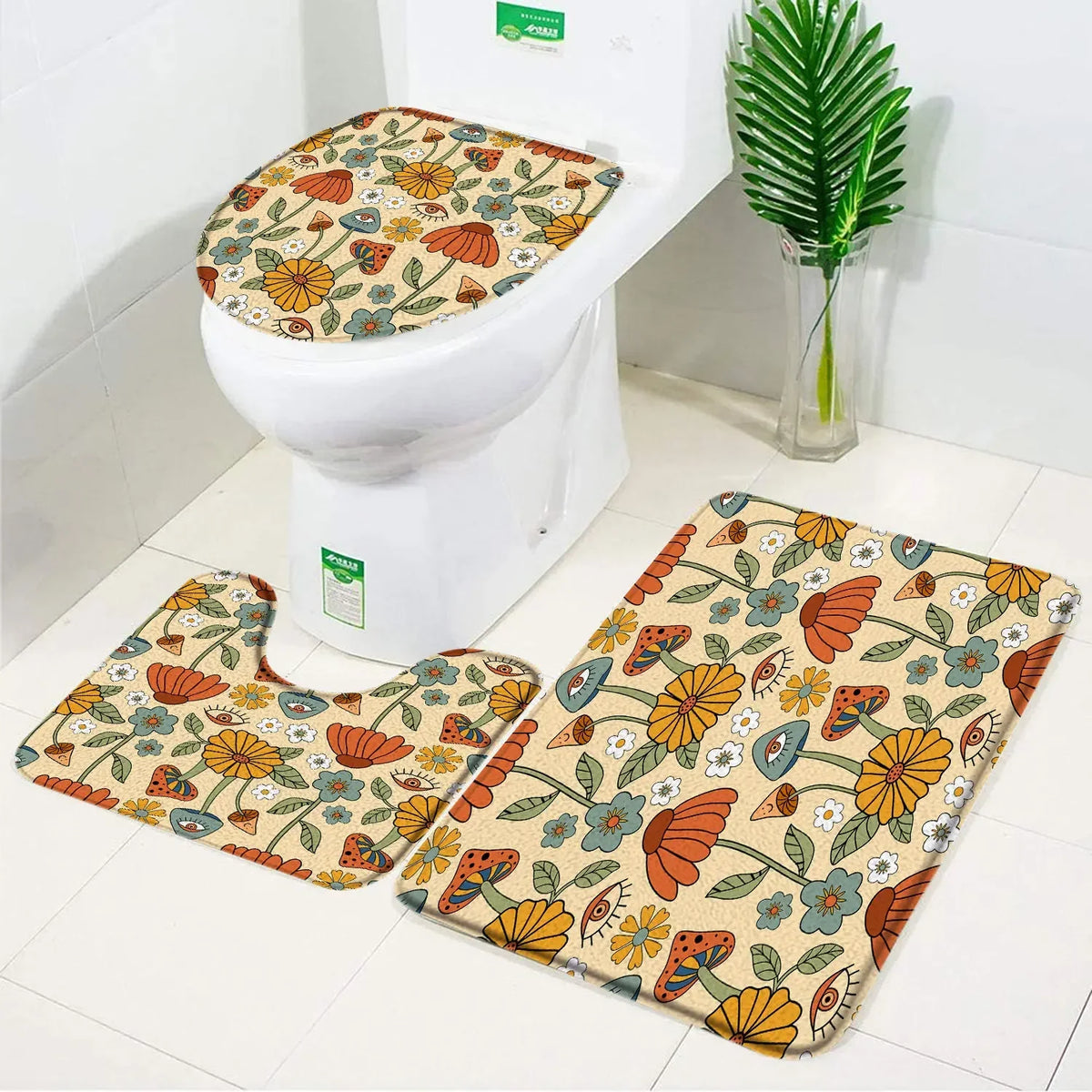ensemble tapis bain salle bain rouge fleurs roses motif moderne coton doux décoratif