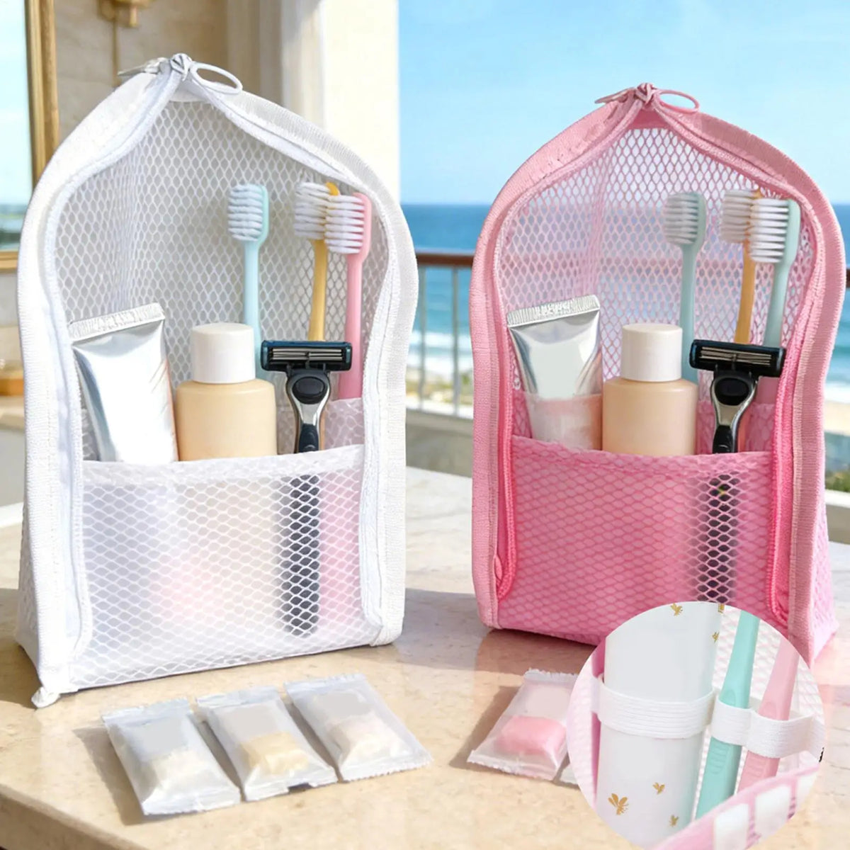 trousse maquillage portable étanche voyage sac cosmétique maille réutilisable blanc rose moderne