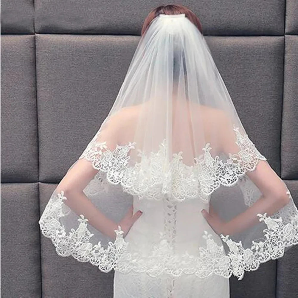voile mariée double couche dentelle florale peigne métallique tulle transparent