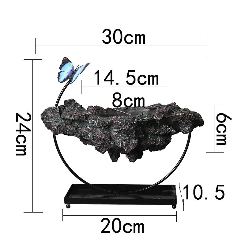 Bonsaï miniature artificiel feuilles vertes roche grise papillon bleu support métallique intérieur décoration vert