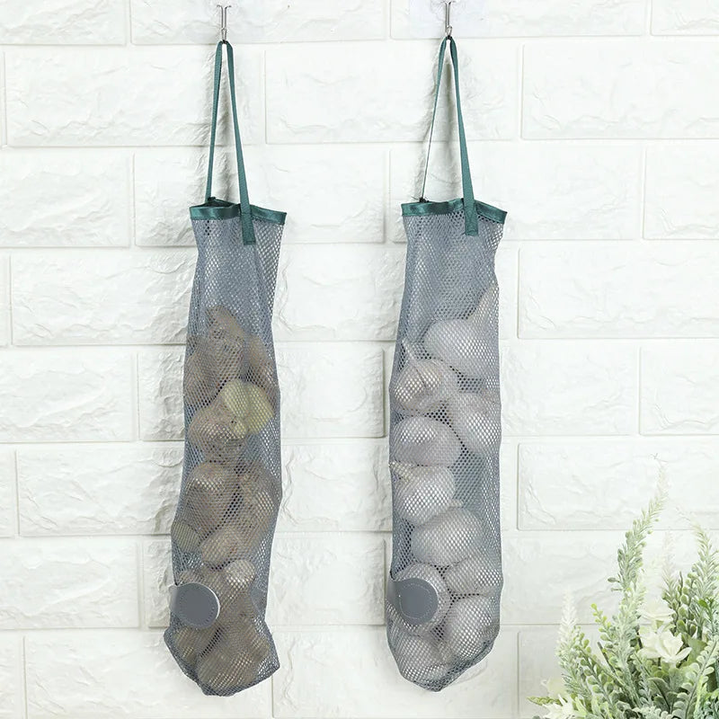 sac rangement toile gris vert maille pliable réutilisable porte mur crochets poignées fermeture magnétique