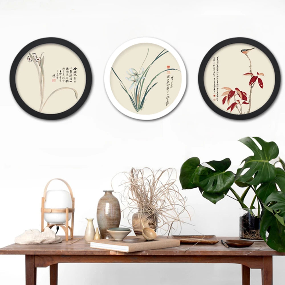cadre photo rond moderne noir blanc aquarelle décoration zenintérieur vases fleurs séchées