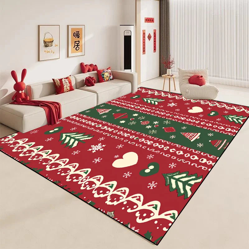 Un tapis de salon rouge et vert orné de motifs de Noël festifs, comme des sapins, des flocons de neige et des coeurs, créant une ambiance chaleureuse et festive dans cette pièce.
