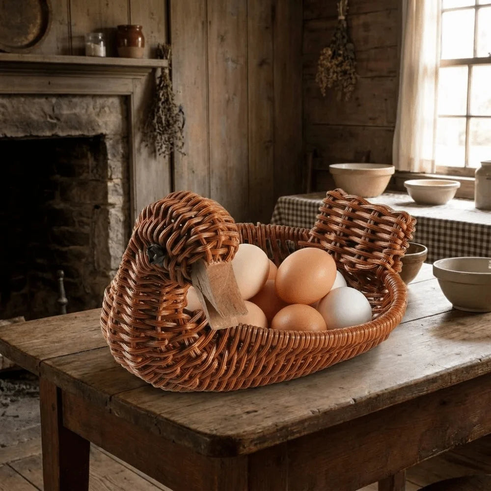 panier tressé forme oiseau réutilisable plastique rustique contenant œufs snacks paille couleur marron rouge