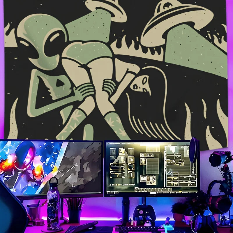 tapisserie cartoon aliens dessin animé noir vert clair tapisserie intérieure clips inclusion