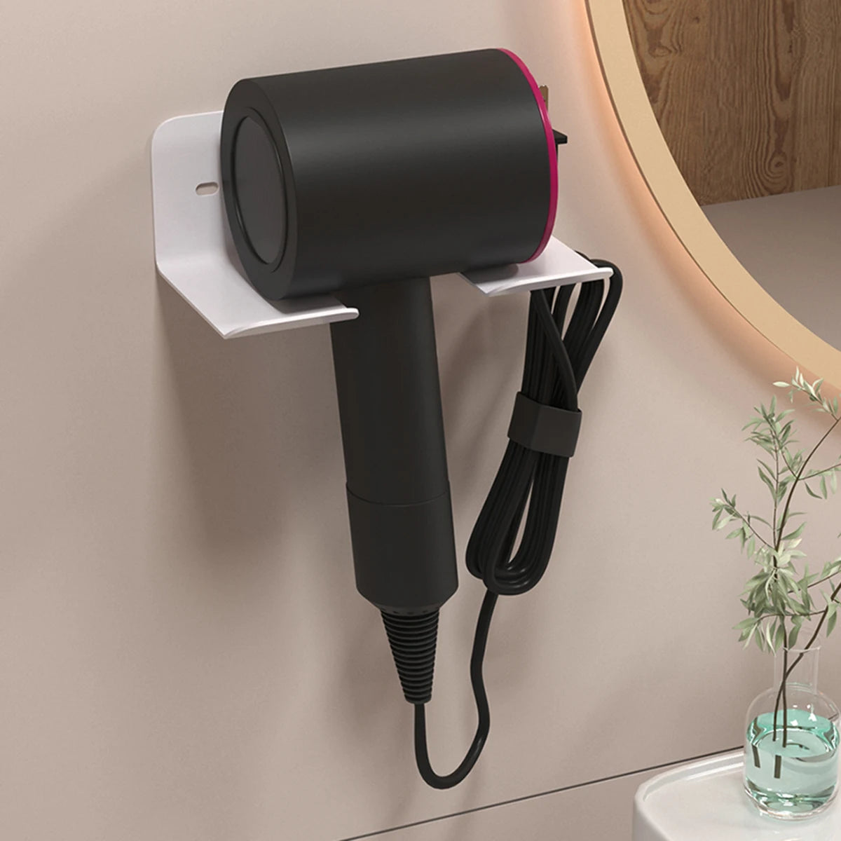 support mural sans perçage sèche cheveux noir blanc étagère salle bain métal adhésif serre