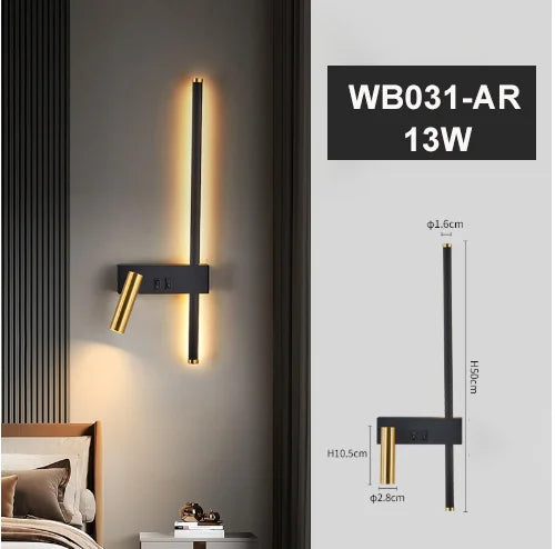 lampe murale led moderne minimaliste noir doré fixée mur interrupteur câble 2000lm chambre salle