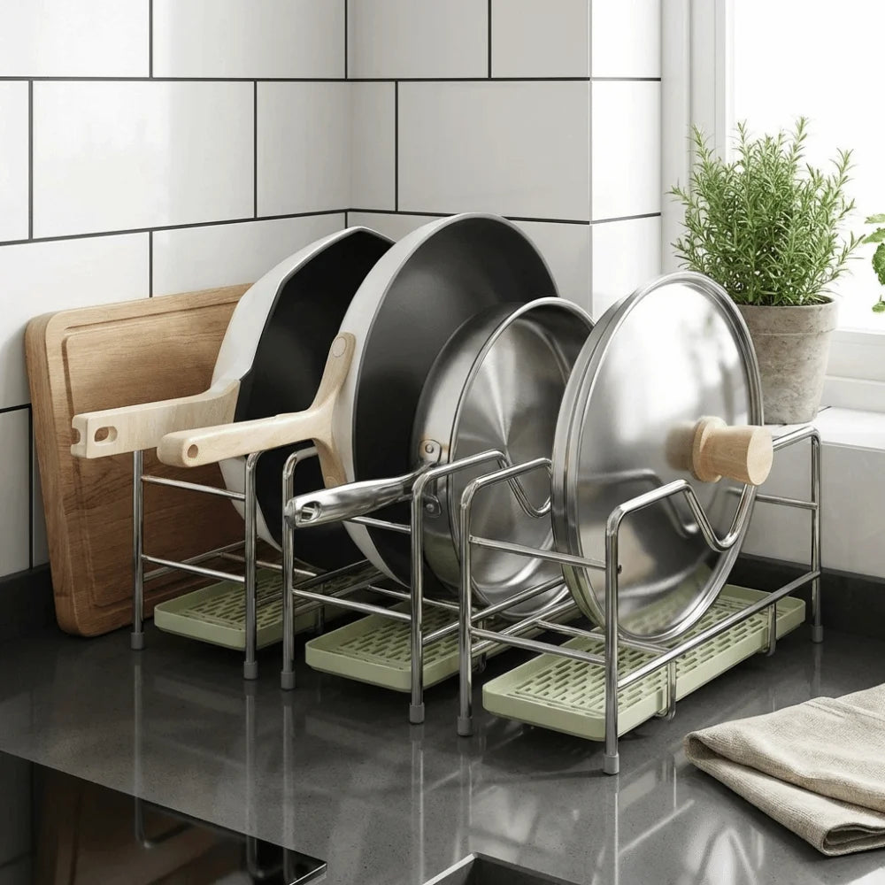 rangement moderne couvercle casserole planche découpe acier inoxydable base plastique sans BPA pieds silicone