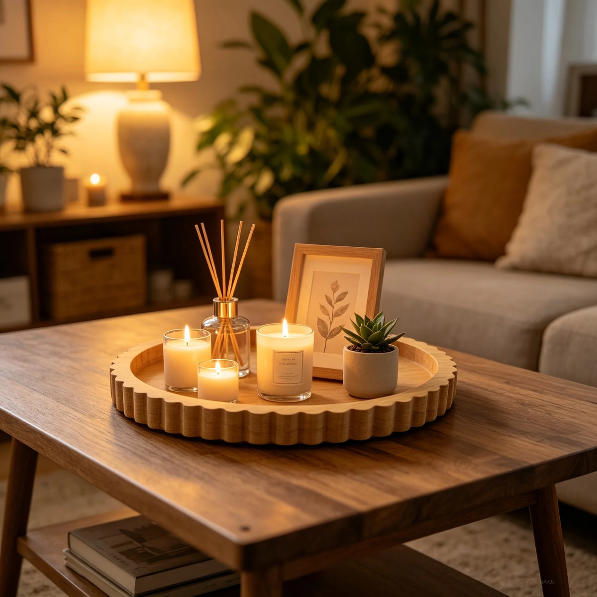 plateau bois ondulé bord ondulé deco salon aromathérapie bouteilles flacons bougies diffuseur parfum vases