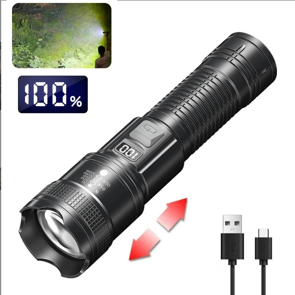 lampe torche noire rechargeable led oled zoom 500mètres durable texturée compacteextérieur camping
