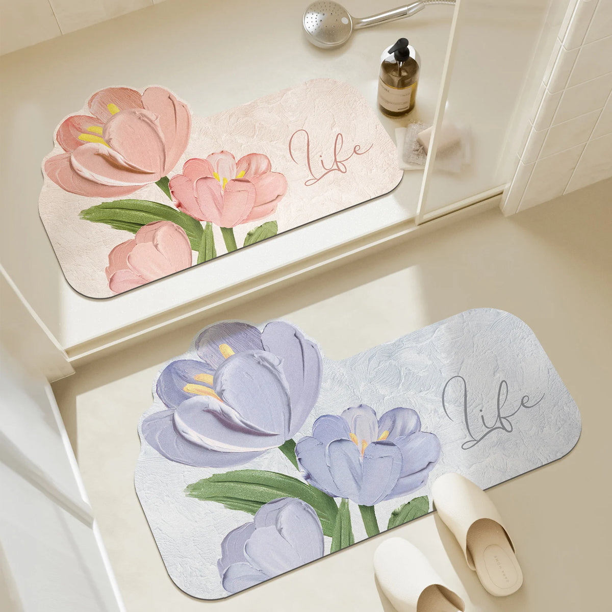 tapis bain caoutchouc antidérapant fleurs tulipe moderne rose violet life rapide absorbant