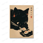 affiche illustration chat noir sushi art japonais fond beige salon décoration maison toile imperméable)frameless