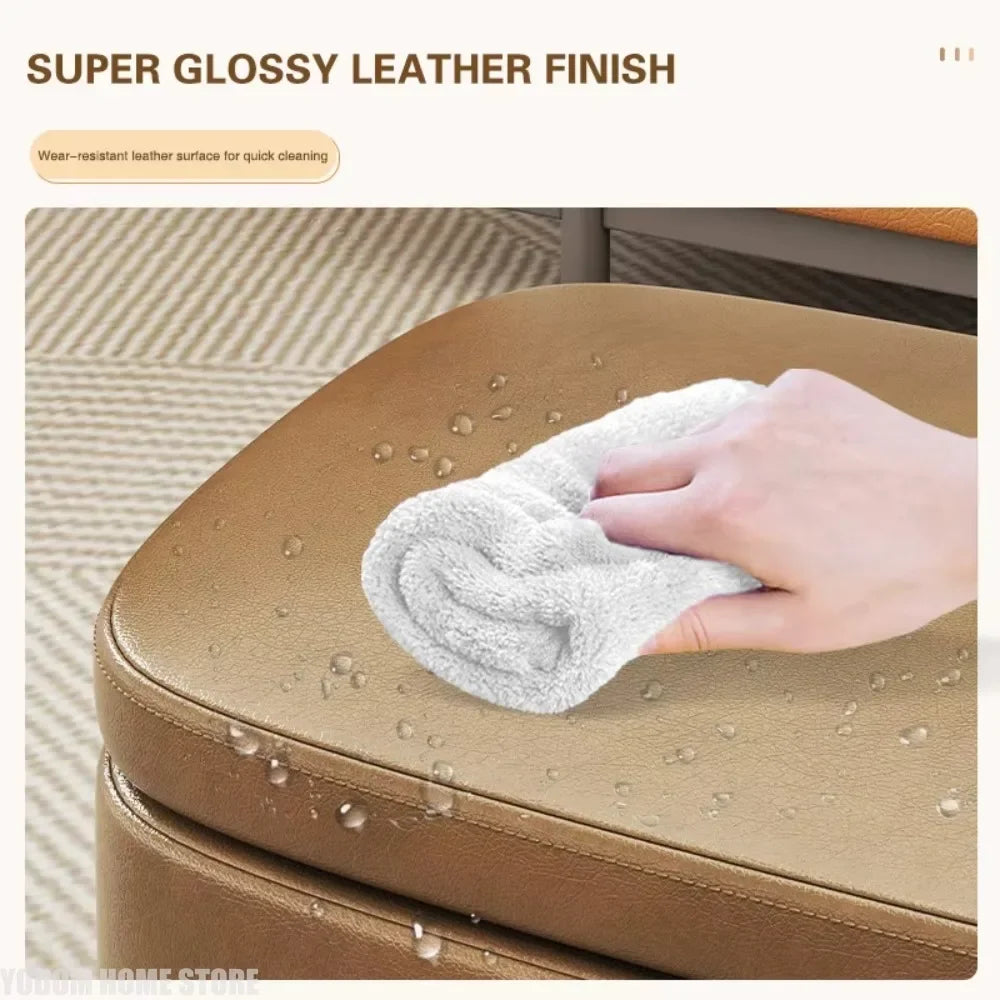 pouf rangement moderne simili cuir marron clair tapis protection pieds simples