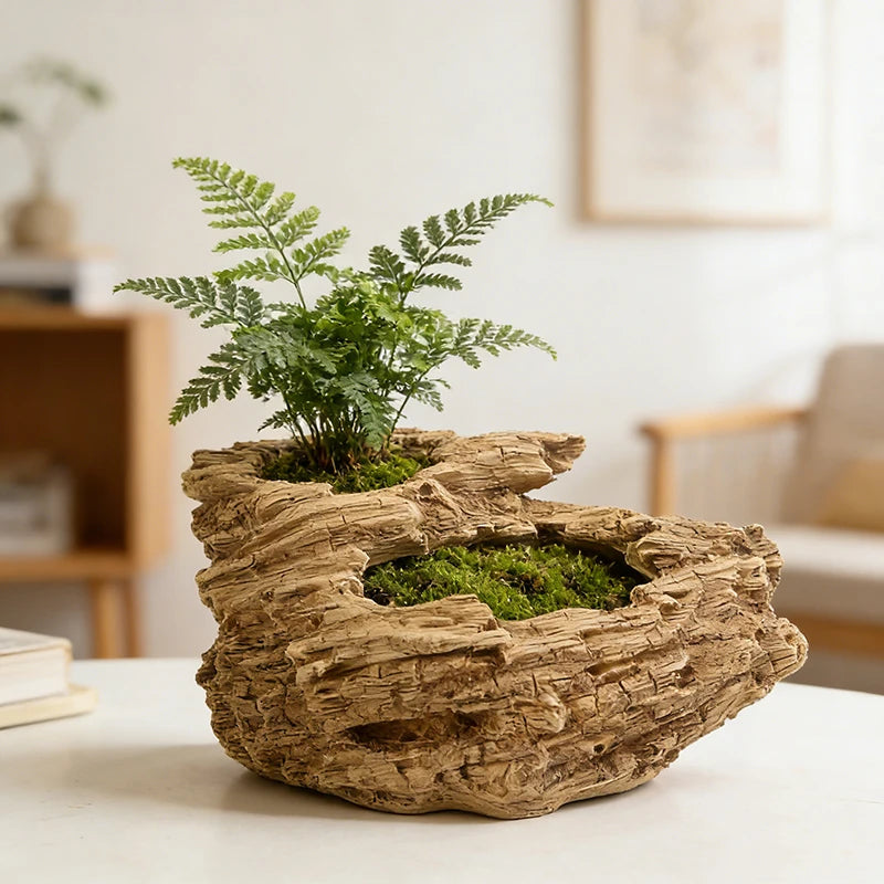 pot résine imitation écorce tronc arbre plantes succulentes mousse rustique nature zenintérieur opalescent figurines